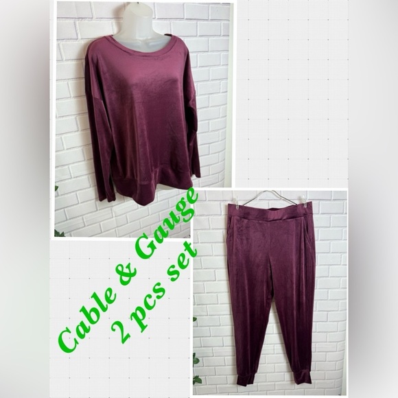 Cable & Gauge Women's Burgundy 2 pcs Jogger set top & pants /size L - Picture 1 of 15